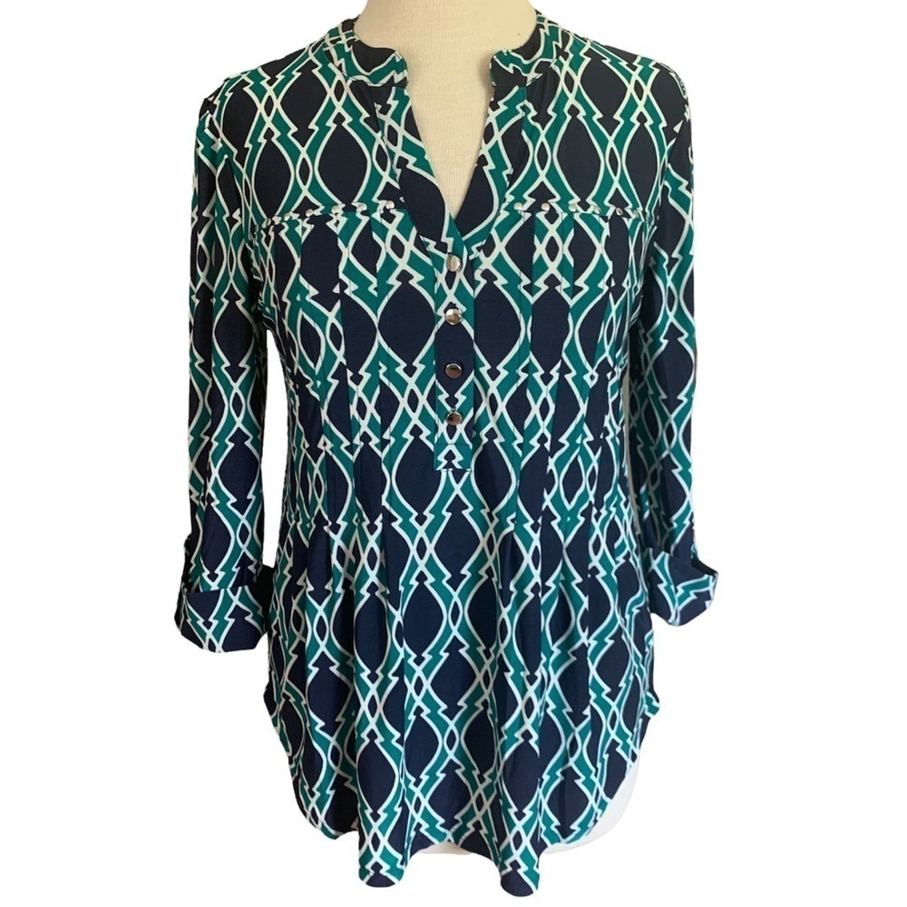 COCOMO Small Green Blue 3/4 sleeve women’s Pintuck Blouse top shirt